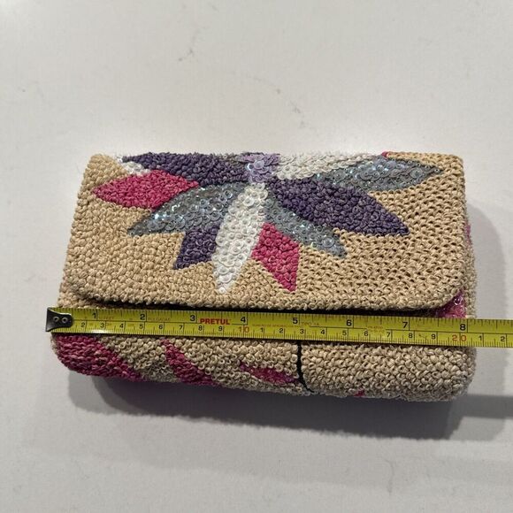 Floral Sequin Rafia Evening Clutch Purse Wedding Prom Vintage Inspired Boho - Picture 7 of 9